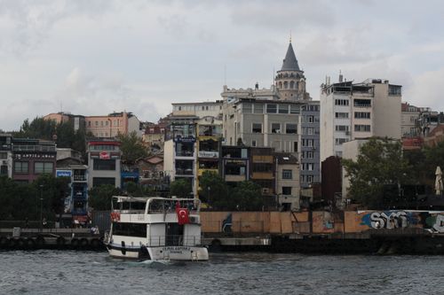 Free Charming Istanbul cityscape with Galata Tower as seen from the Bosphorus waterway. Stock Photo