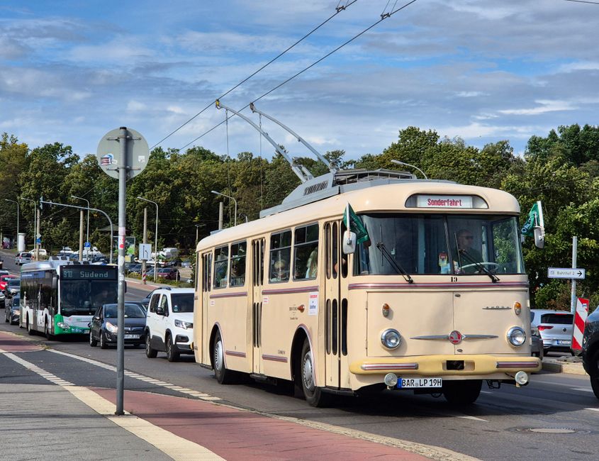 Red trolleybus on a street in Chișinău, Moldova