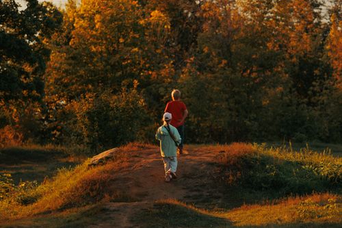 Free Two children walk through an autumn forest, bathed in warm sunset glow, capturing the essence of fall. Stock Photo
