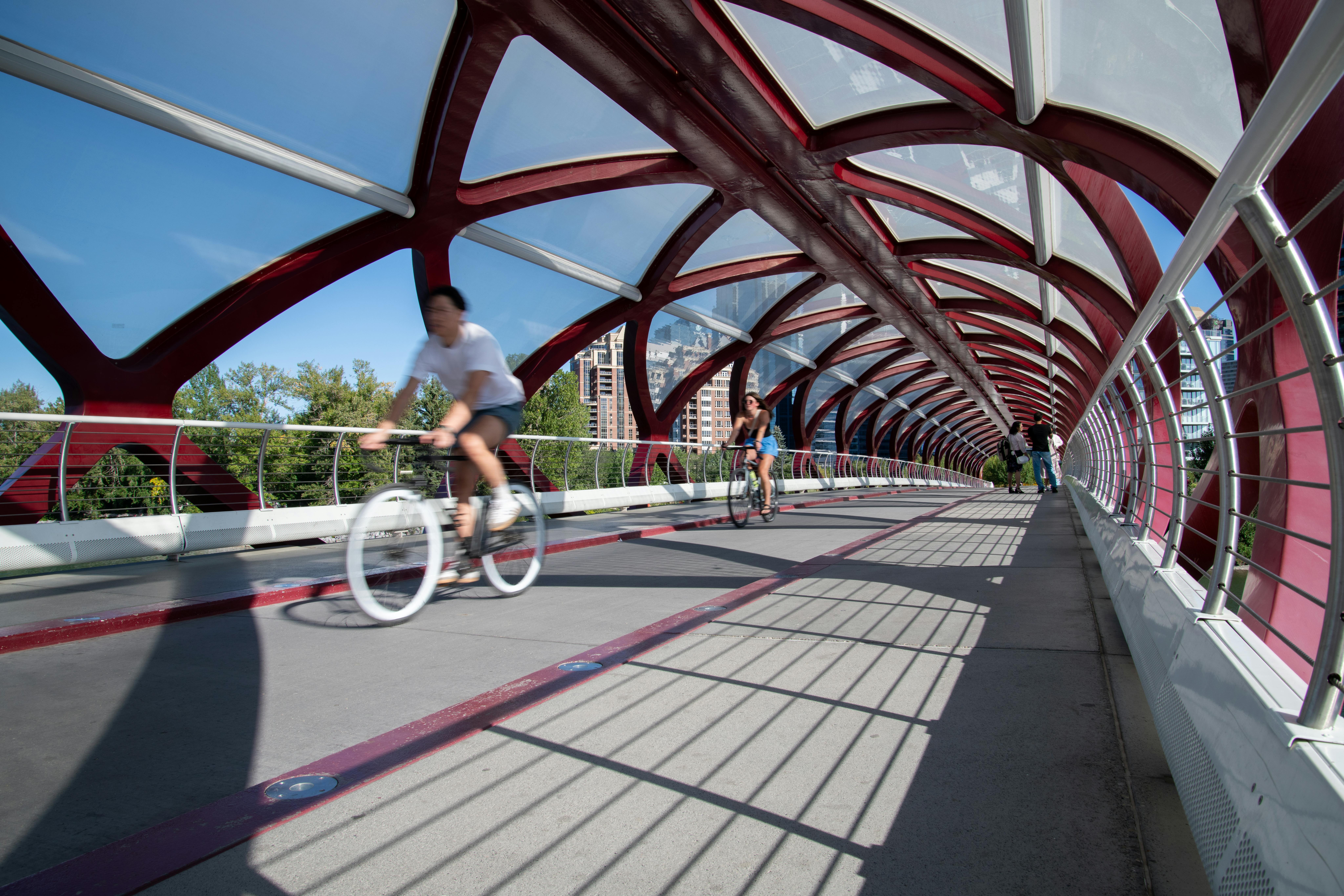 Cyclists on Peace Bridge in Calgary, Canada
