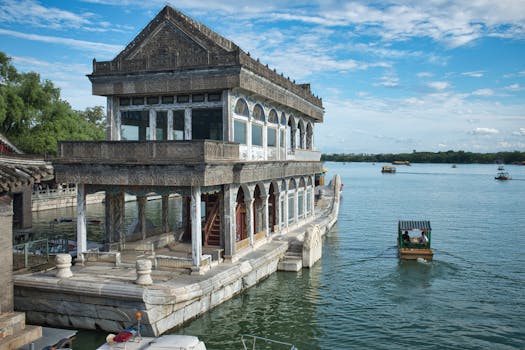Elegant Marble Boat at the Summer Palace with serene lake view in Beijing, China.