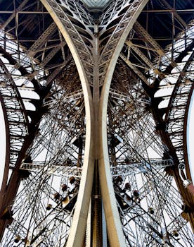 Intricate view of the Eiffel Tower's structure from beneath, showcasing its iconic ironwork.