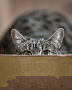 一只可爱的虎斑猫从盒子边缘探出头来，好奇地张望着
