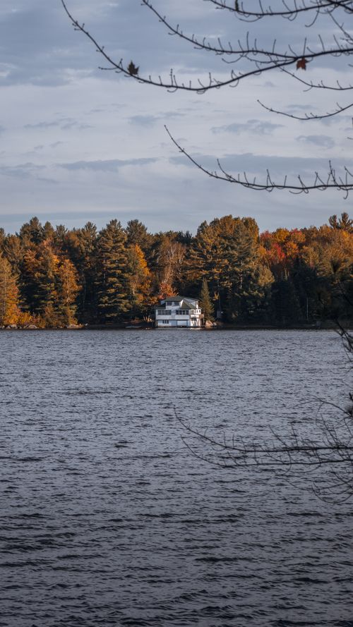 Free Serene autumn landscape of Muskoka Lake with vibrant fall foliage and a lakeside cottage in Ontario, Canada. Stock Photo