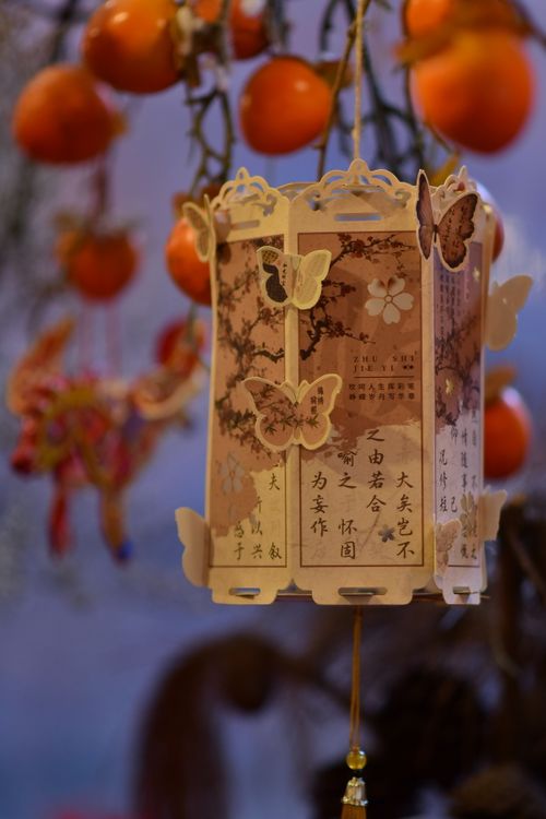 Free Delicate Asian-style lantern adorned with butterflies against a vibrant background of orange fruits. Stock Photo