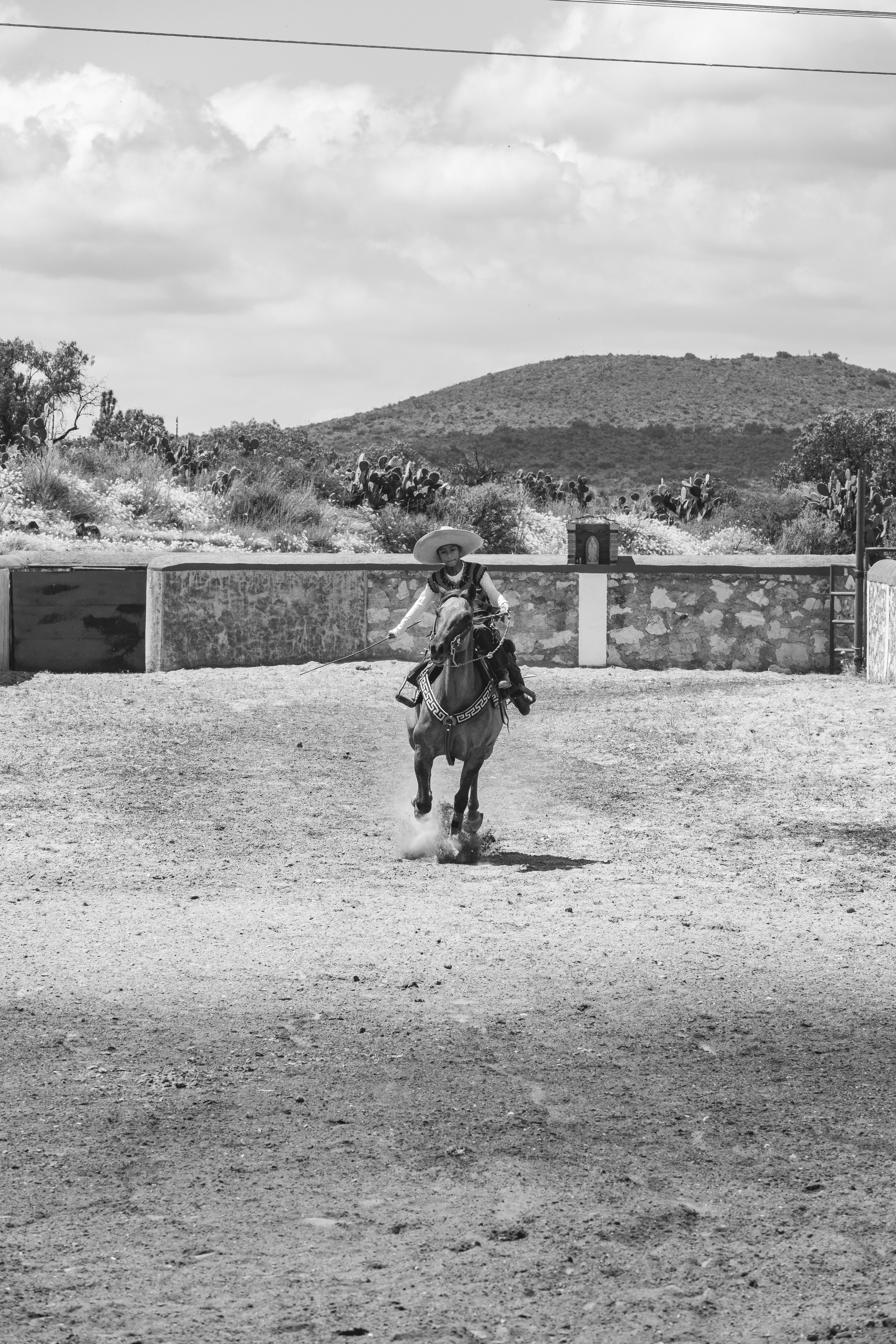 A lone rider on horseback galloping across a rural ranch landscape in Hidalgo, Mexico.