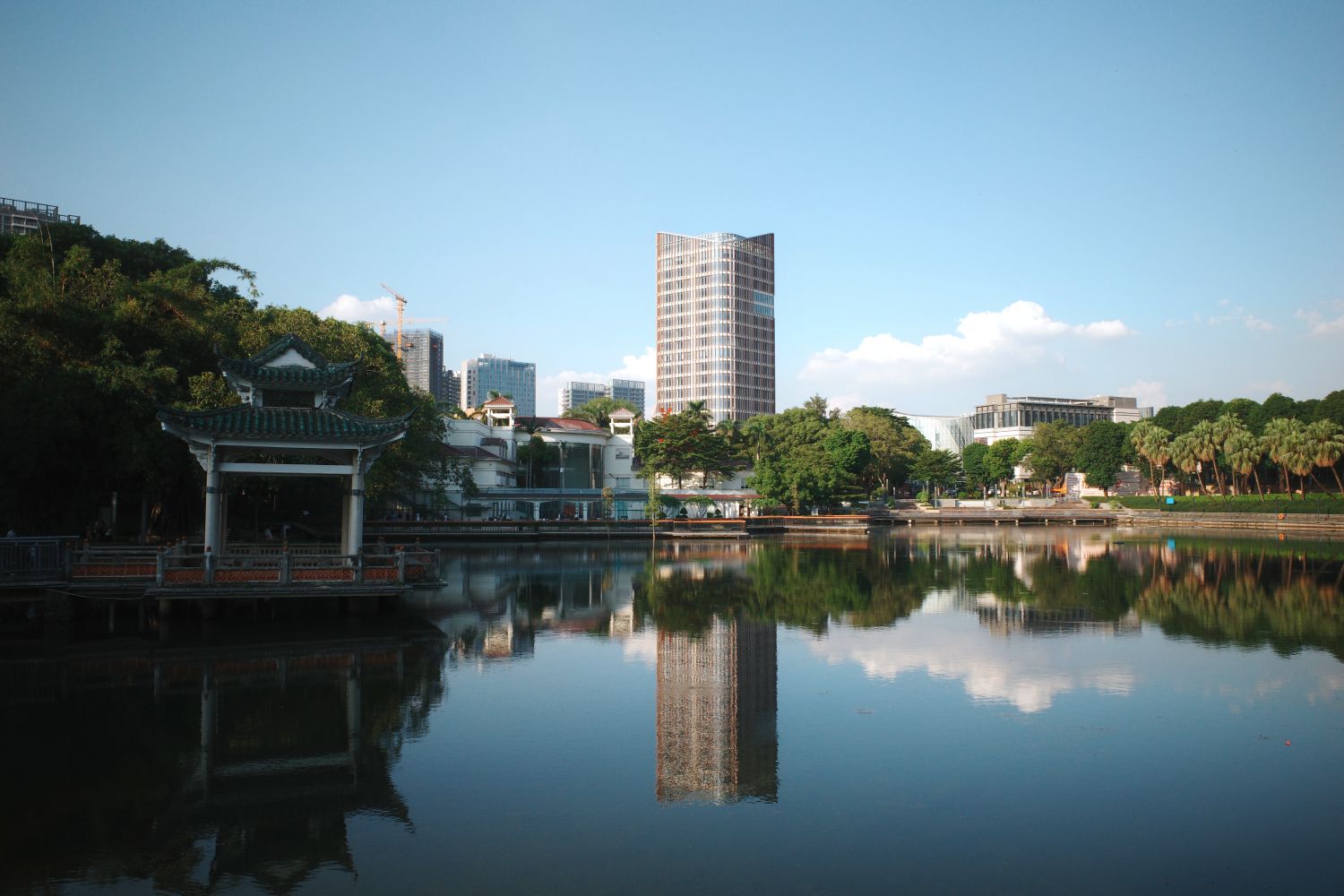 Photograph of Foshan city beside a lake, Guangdong, China