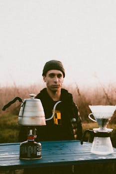 一名男子喜欢在户外用滴水装置和水壶煮咖啡，捕捉休闲时刻