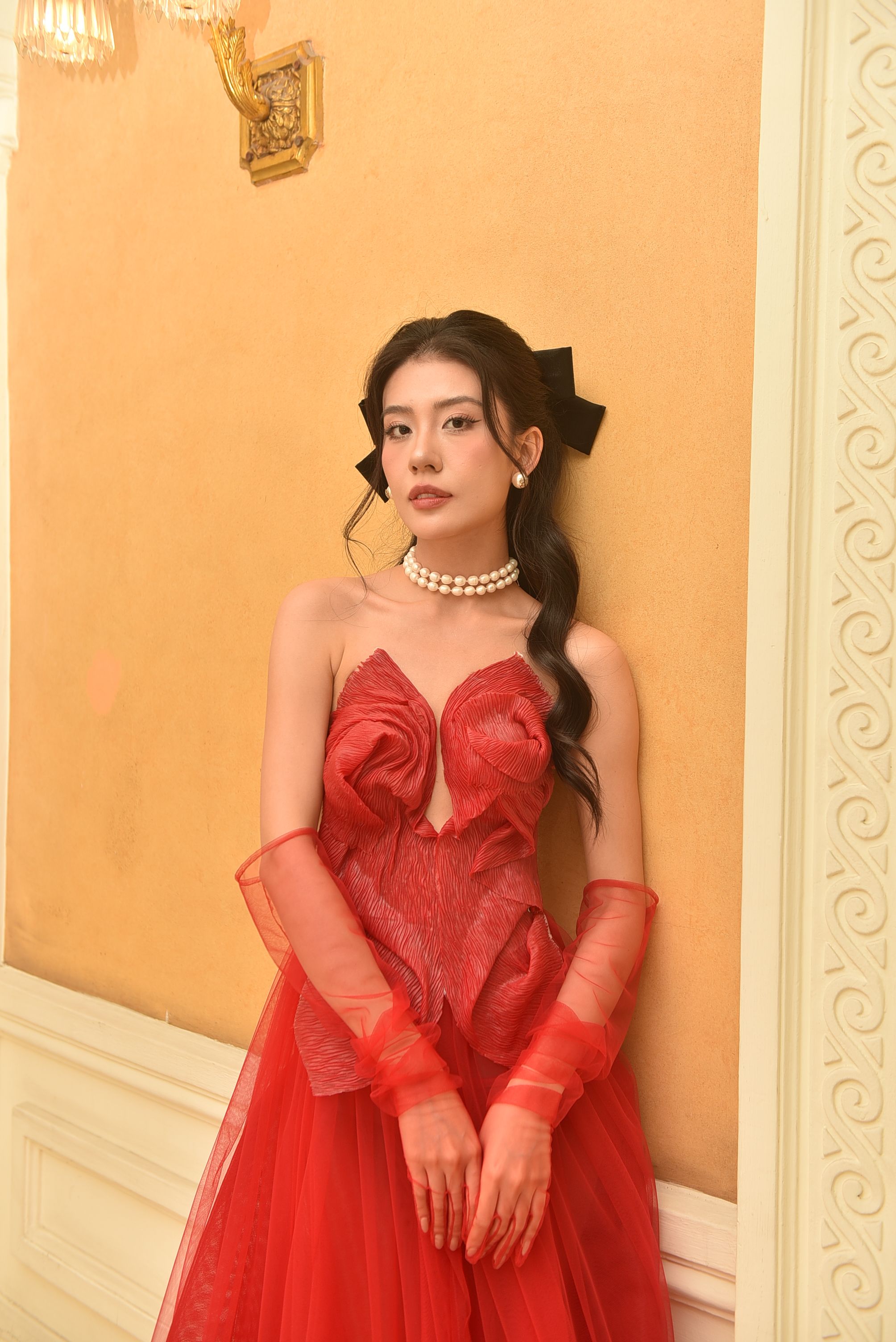 Elegant Woman in Red Dress with Pearl Necklace Free Stock Photo Elegant Woman in Red Dress with Pearl Necklace Free Stock Photo