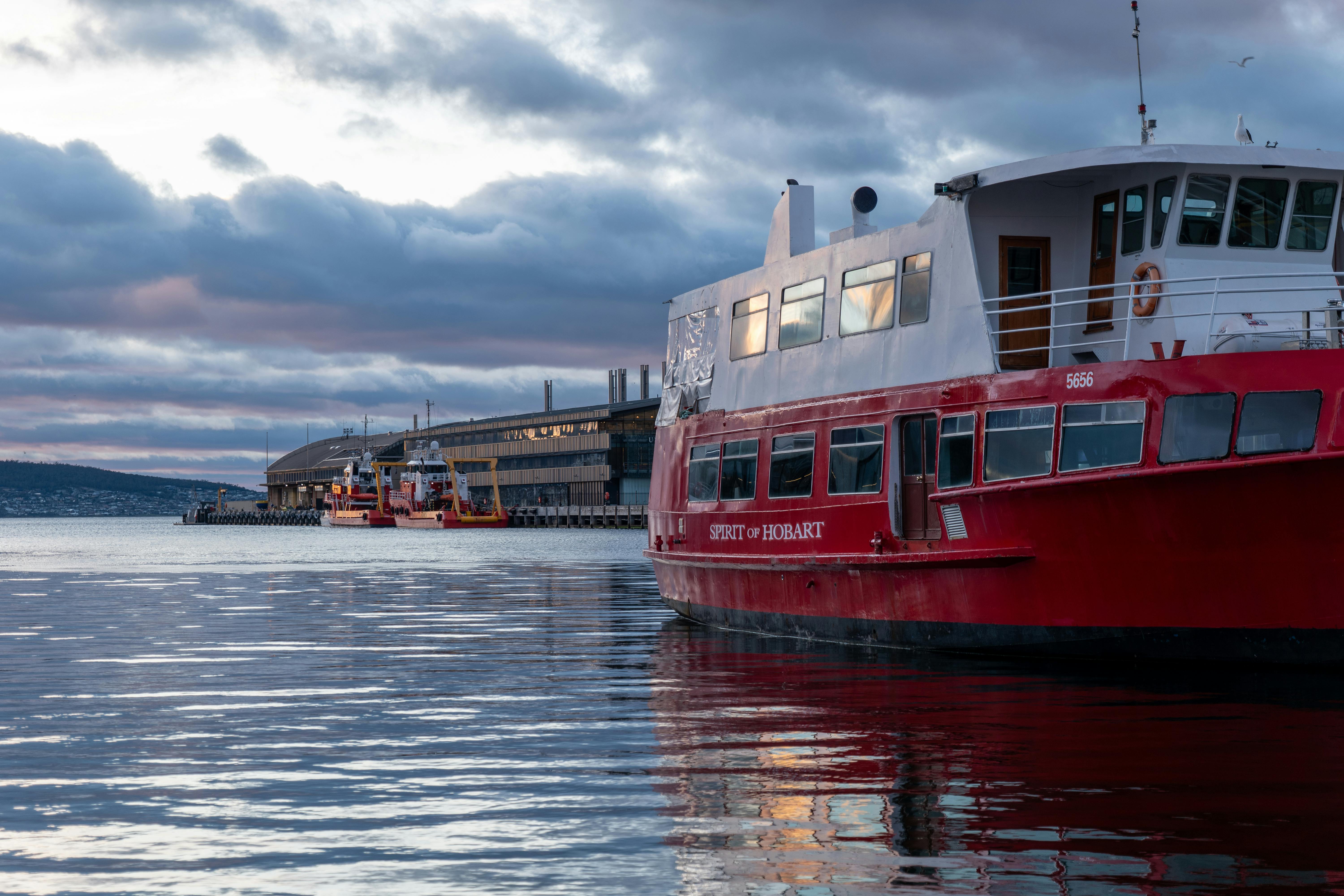 A scenic view of the Spirit of Hobart ferry docked at the Hobart Waterfront, Tasmania during early morning.