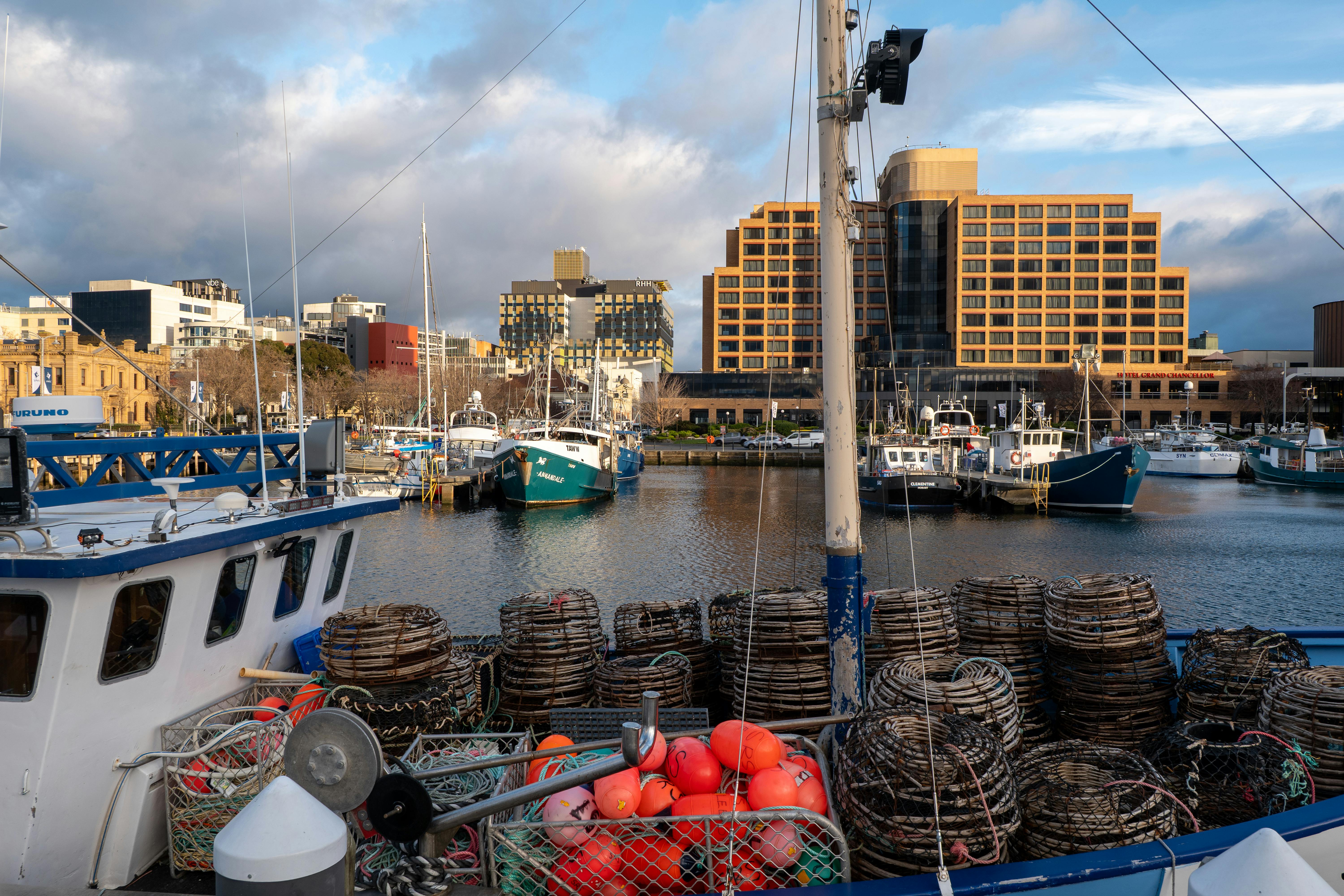 Fishing boats docked at Hobart's waterfront, showcasing Tasmania's vibrant harbor life.