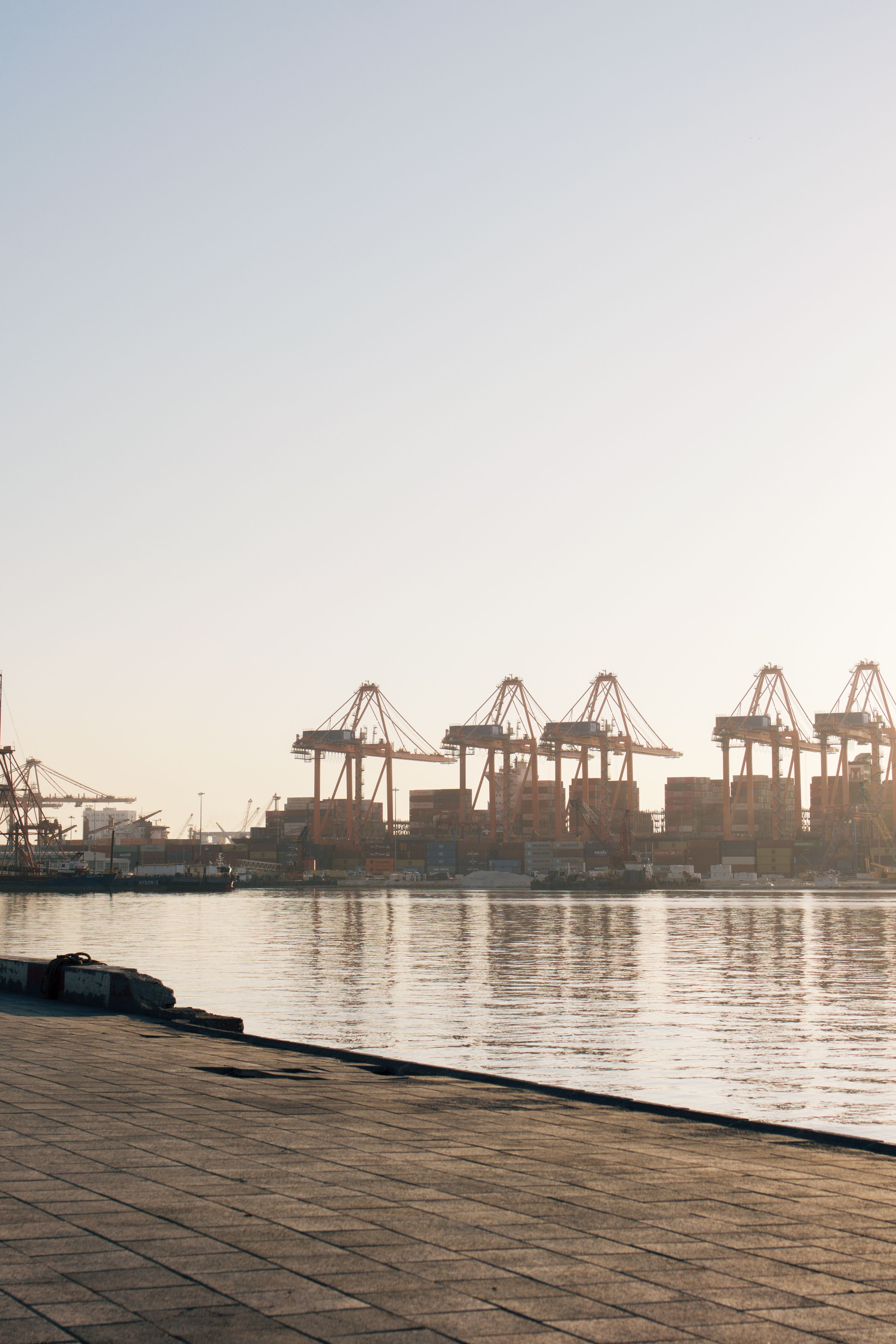 Industrial shipping port at sunrise in Mersin
