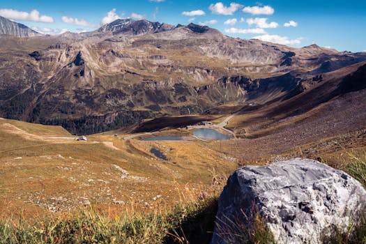 Scenic view of a mountainous landscape with a serene blue lake under a clear sky.