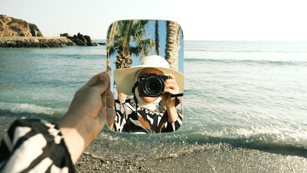 A unique reflection photo taken at the beach using a mirror, capturing the essence of summer.