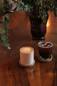 A warm latte and cold brew coffee on a wooden table with eucalyptus and vase adding a cozy touch.