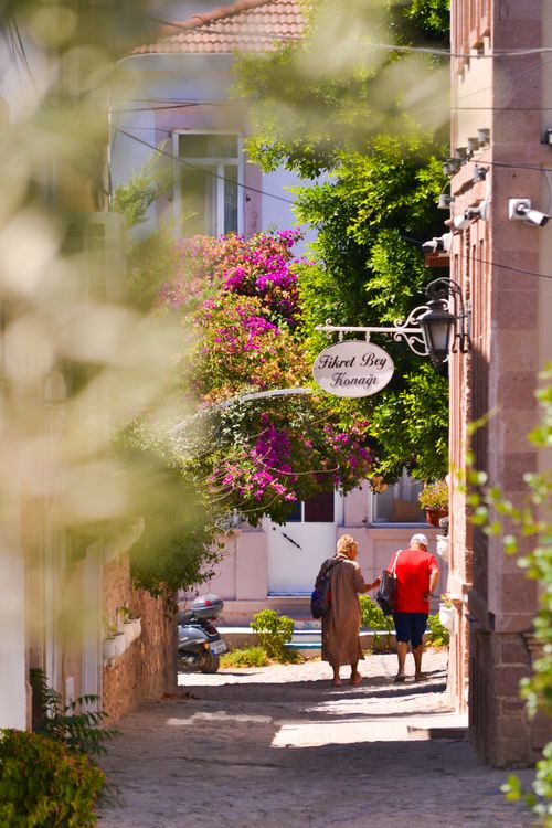 Free Two adults walking down a picturesque street lined with bougainvillea on a sunny day. Stock Photo