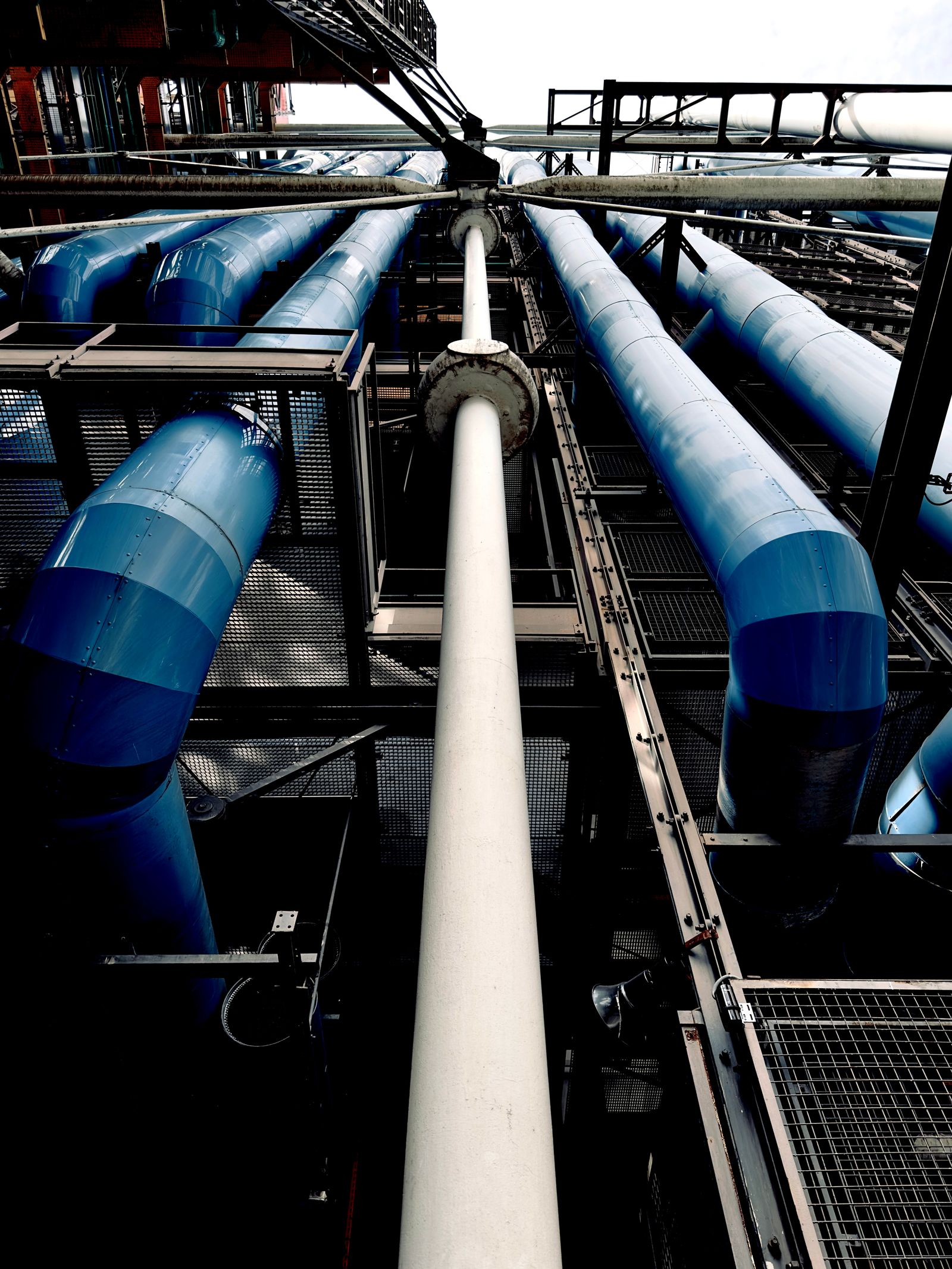 Hydronic water balancing — blue insulated chilled-water and heating-loop piping in a commercial mechanical room