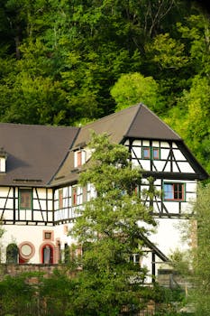 Scenic view of a traditional German timber-framed house in Calw, Baden-Württemberg.