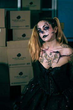 A young woman dressed in a gothic clown costume with dramatic makeup and floral tattoos, indoors.