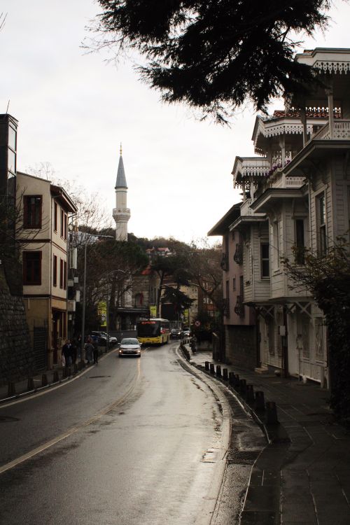 Free A picturesque street in Üsküdar, Istanbul featuring traditional architecture and a distant mosque. Stock Photo