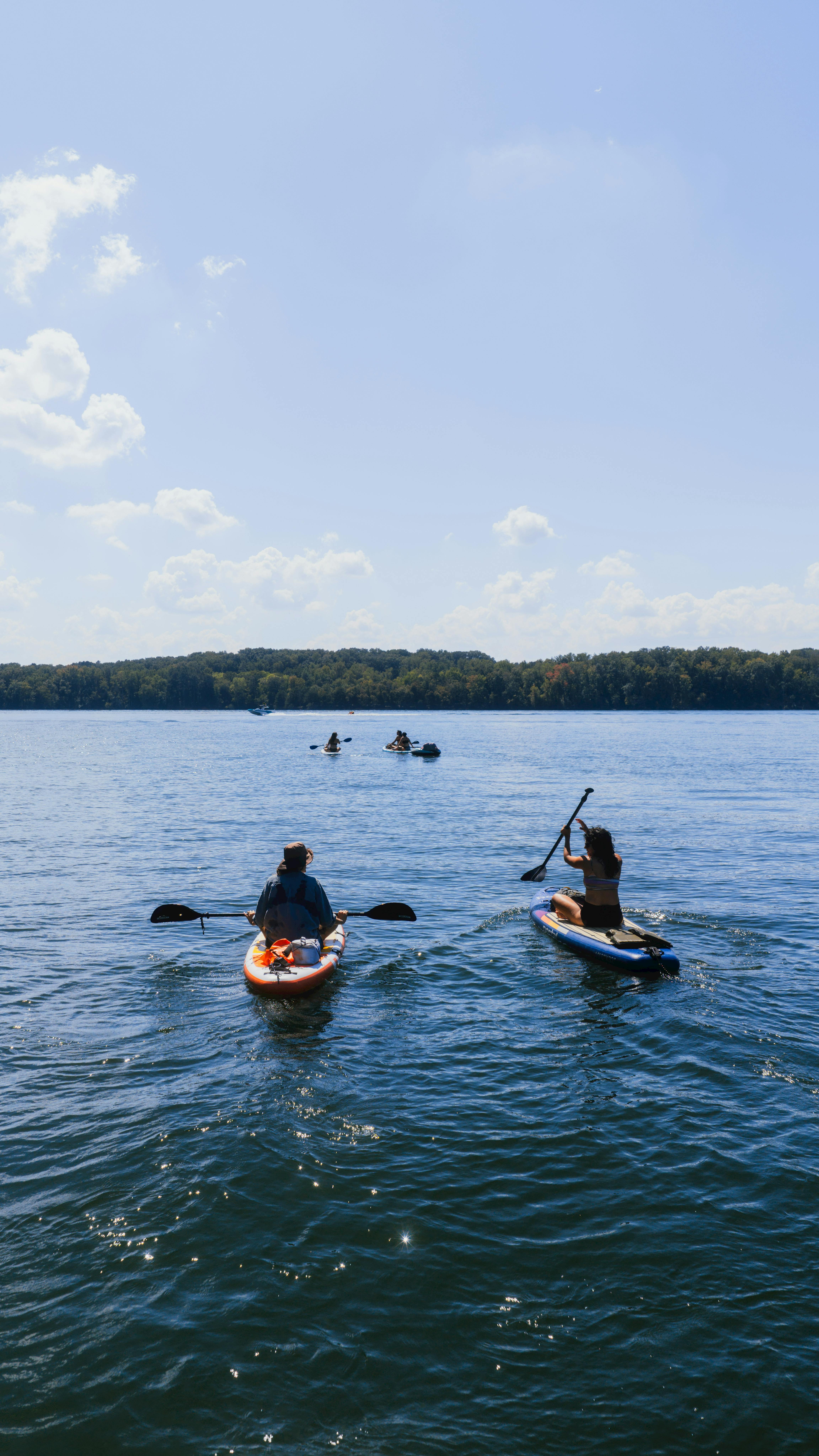 무료 두 사람이 맑은 푸른 하늘 아래 고요한 호수에서 패들보딩을 즐기고 있습니다. 스톡 사진