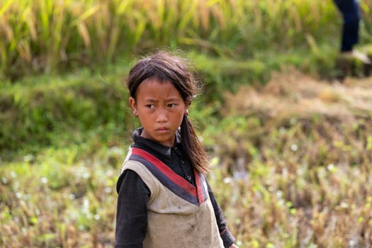 Una giovane ragazza è in piedi nelle rigogliose risaie di Lào Cai, in Vietnam, e cattura un momento di bellezza culturale.
