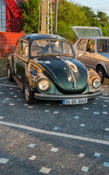 Classic green Volkswagen Beetle parked outdoors on a sunny day.