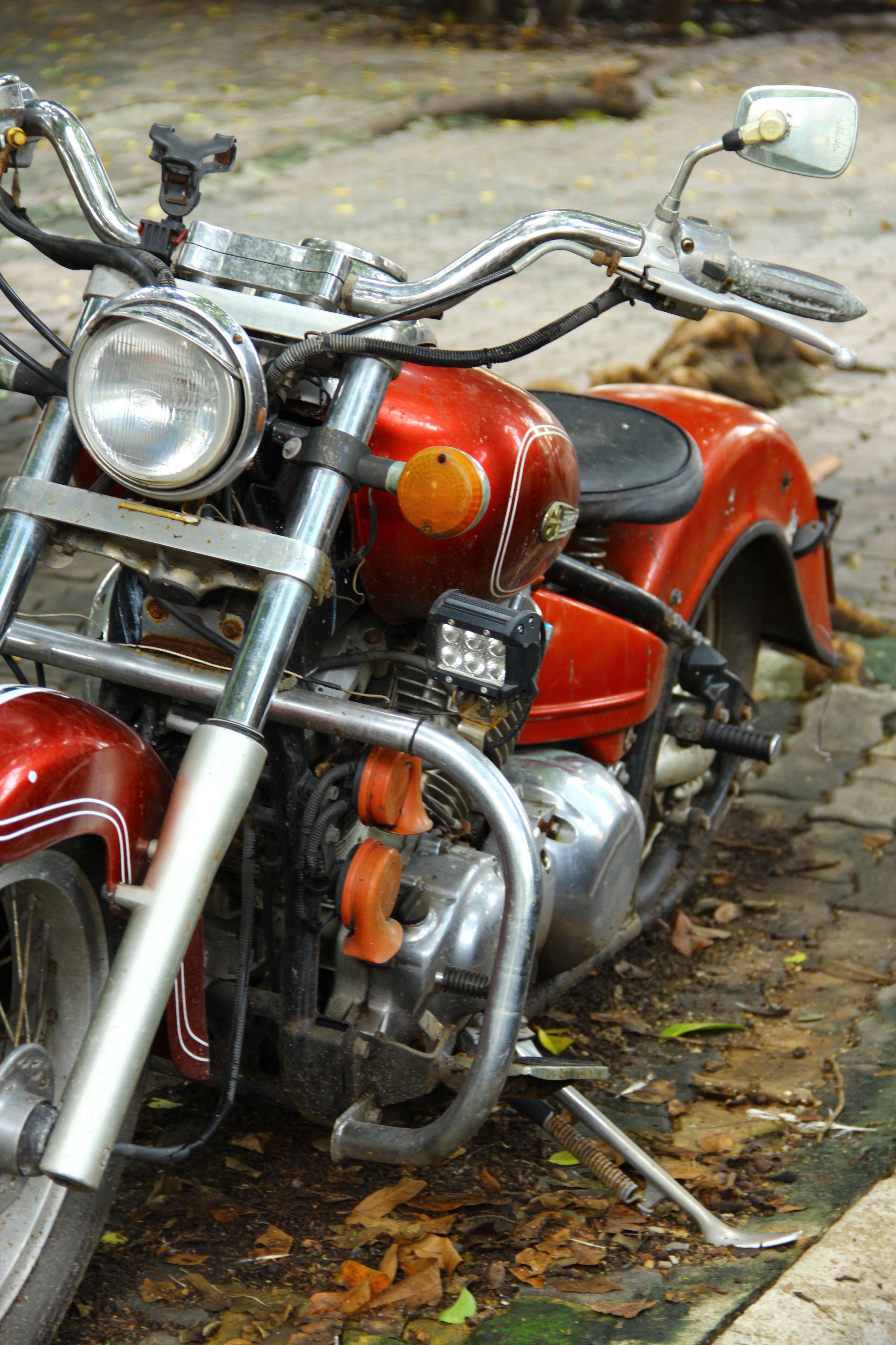 Close-up of a vintage red motorcycle parked on a leaf-covered path, showcasing classic design.
