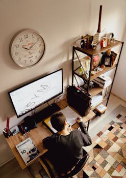 A student focused on studying at a home office desk with books and a computer screen.