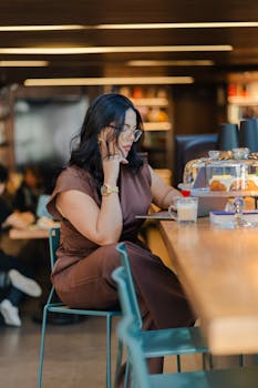 Woman seated in a stylish cafe enjoying a coffee and reading a book in a cozy, modern atmosphere.