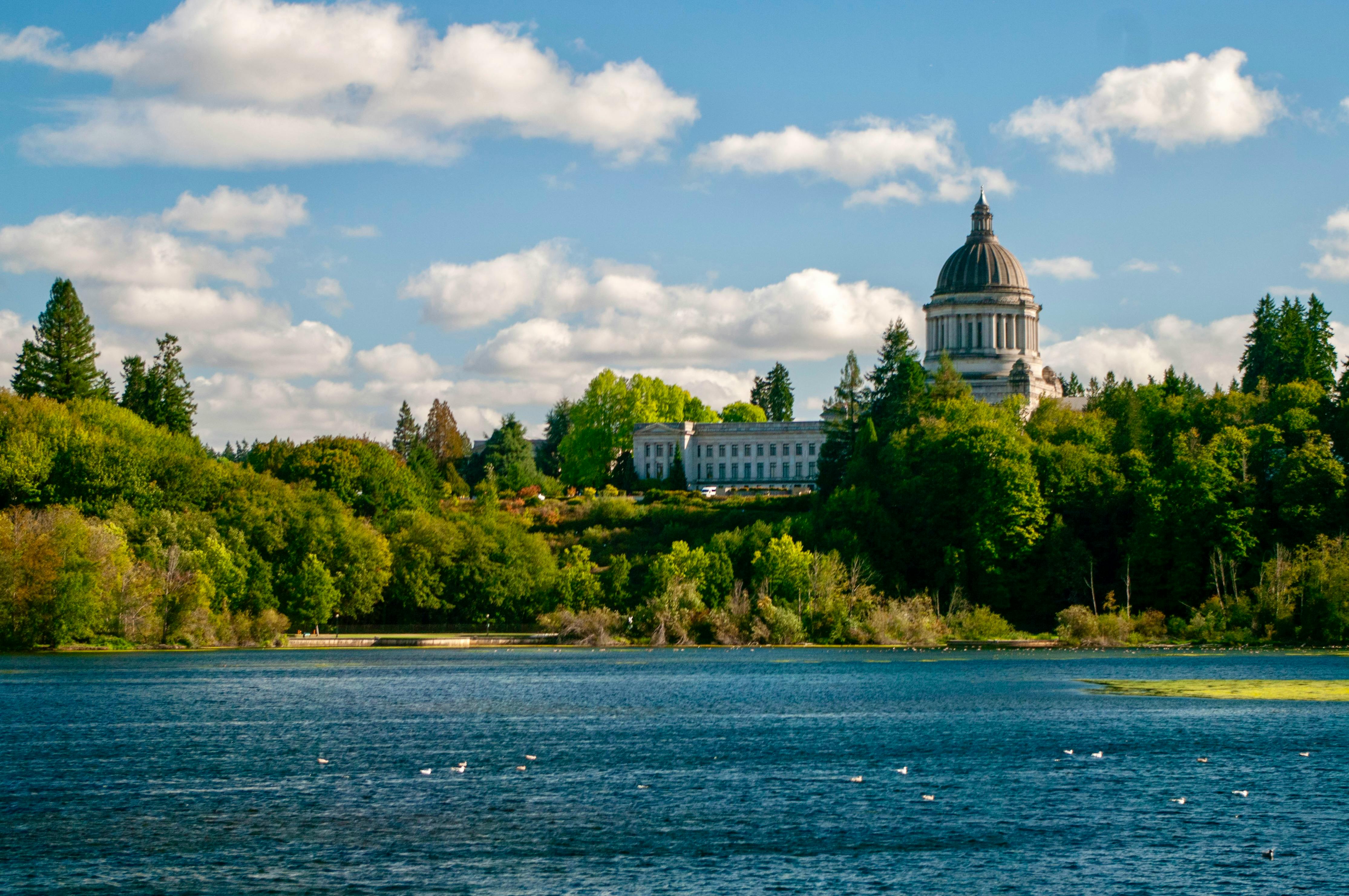 Scenic view of Washington State Capitol and surrounding greenery by the lake in Olympia.