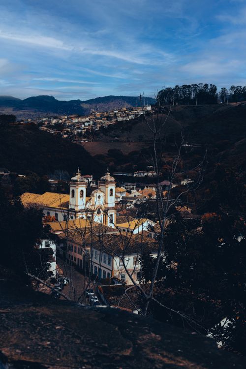 Free A scenic view of the historic city of Ouro Preto with colonial architecture in Minas Gerais, Brazil. Stock Photo