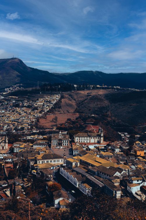 Free Aerial shot capturing the vibrant historic architecture of Ouro Preto, Brazil. Stock Photo