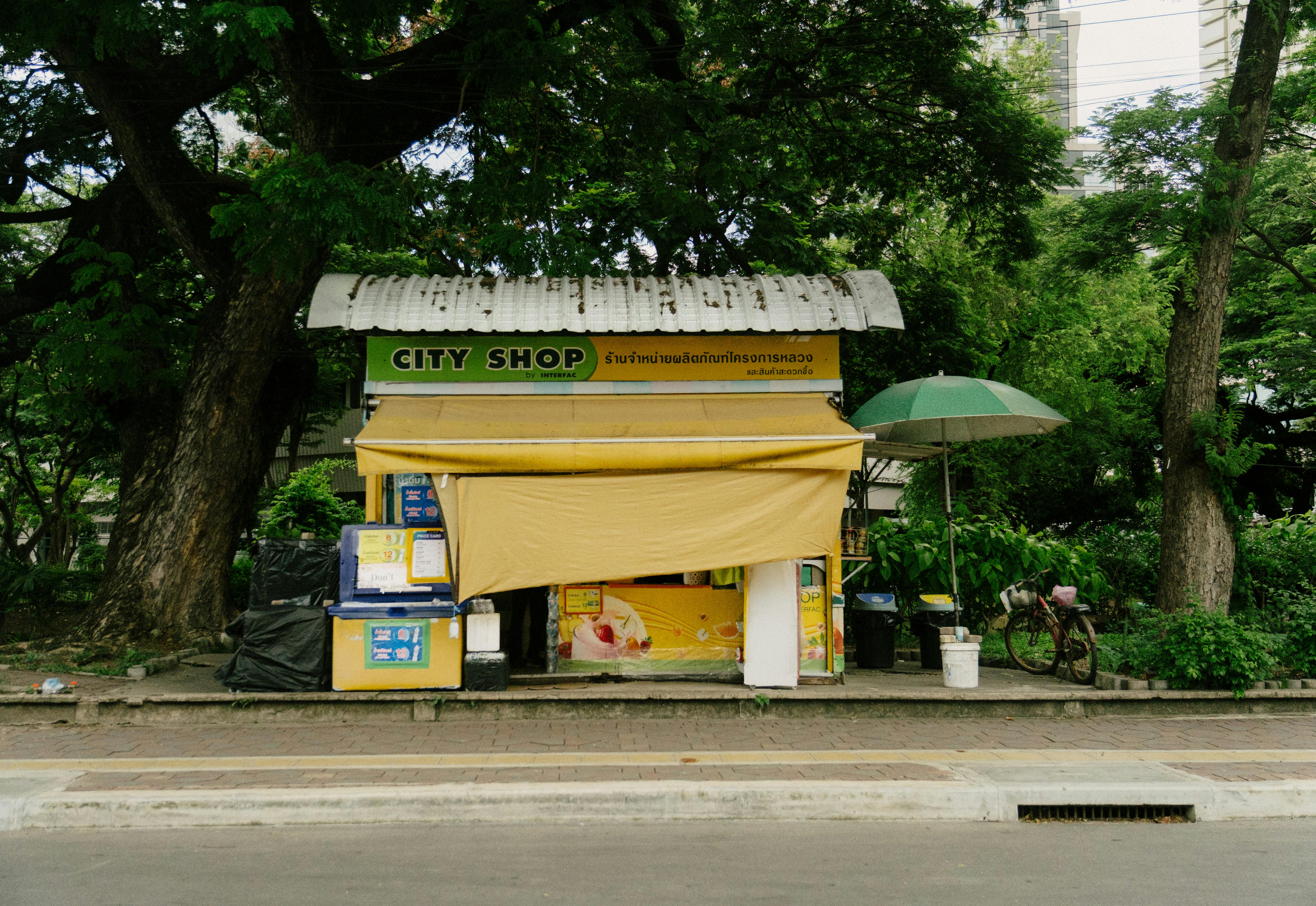 Miễn phí Cửa hàng đường phố quyến rũ ở Bangkok với nhiều cây xanh, mái hiên màu vàng và biển hiệu đầy màu sắc. Ảnh lưu trữ