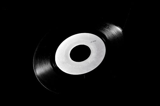 经典的黑色黑胶唱片，白色标签衬于深色背景之上，象征着复古音乐的怀旧之情