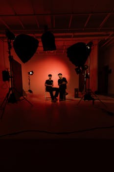 Two people in a dramatic red-lit photography studio setup, surrounded by equipment.