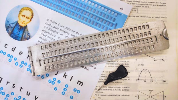 Kit di scrittura Braille con materiali didattici per studenti ipovedenti.