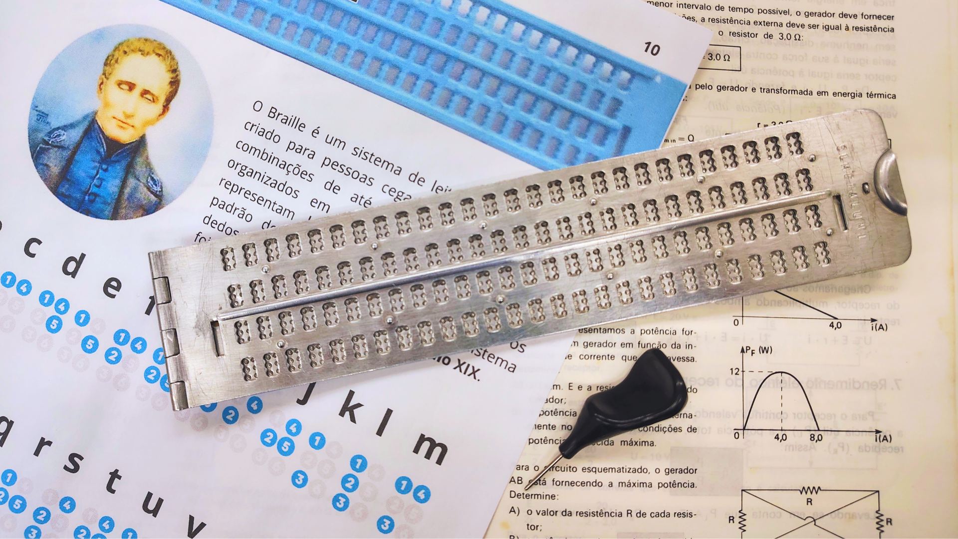 Braille writing kit with educational materials for visually impaired students.