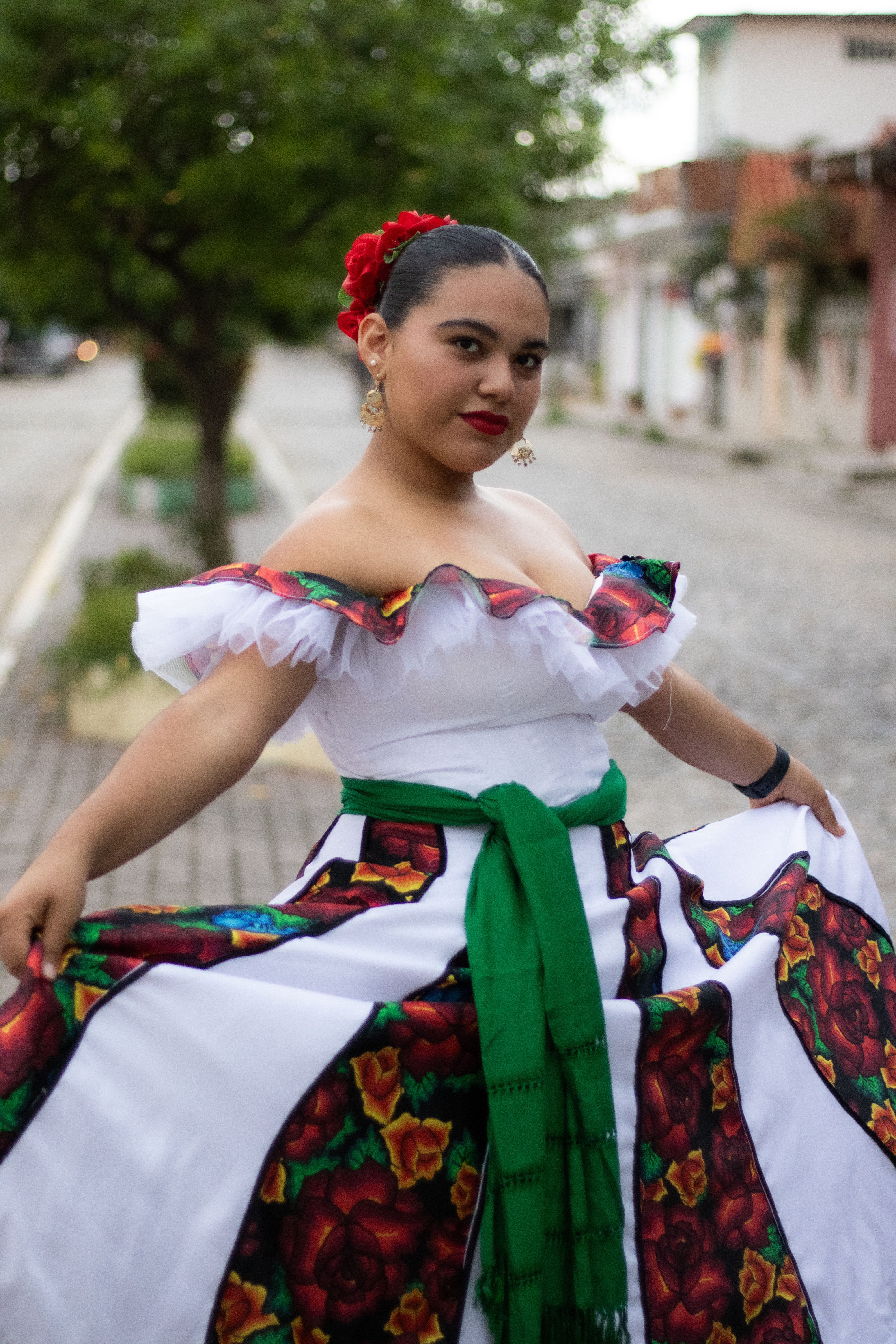 Traditional Mexican Dress in Cobblestone Street  Free Stock Photo