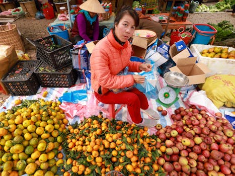 Explore the bustling fruit market in Lào Cai, Vietnam, featuring traditional stalls and local culture.