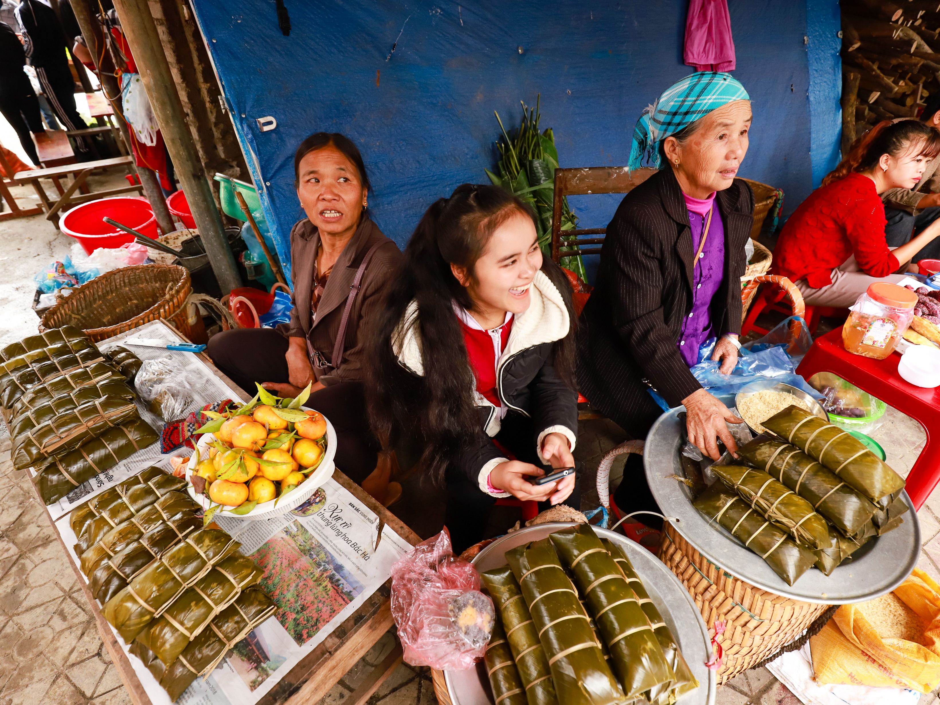 Highland market in northeastern Vietnam, ethnic minority people trading vegetables, fabrics, poultry and local goods, colorful yet authentic, morning light, documentary realism