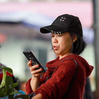 A woman using her smartphone while shopping at the vibrant Lào Cai market in Vietnam.