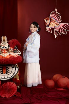 Girl in traditional attire with Chinese New Year decorations in Vietnam.