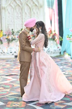 A romantic Indian couple embracing in elegant wedding attire, captured indoors.