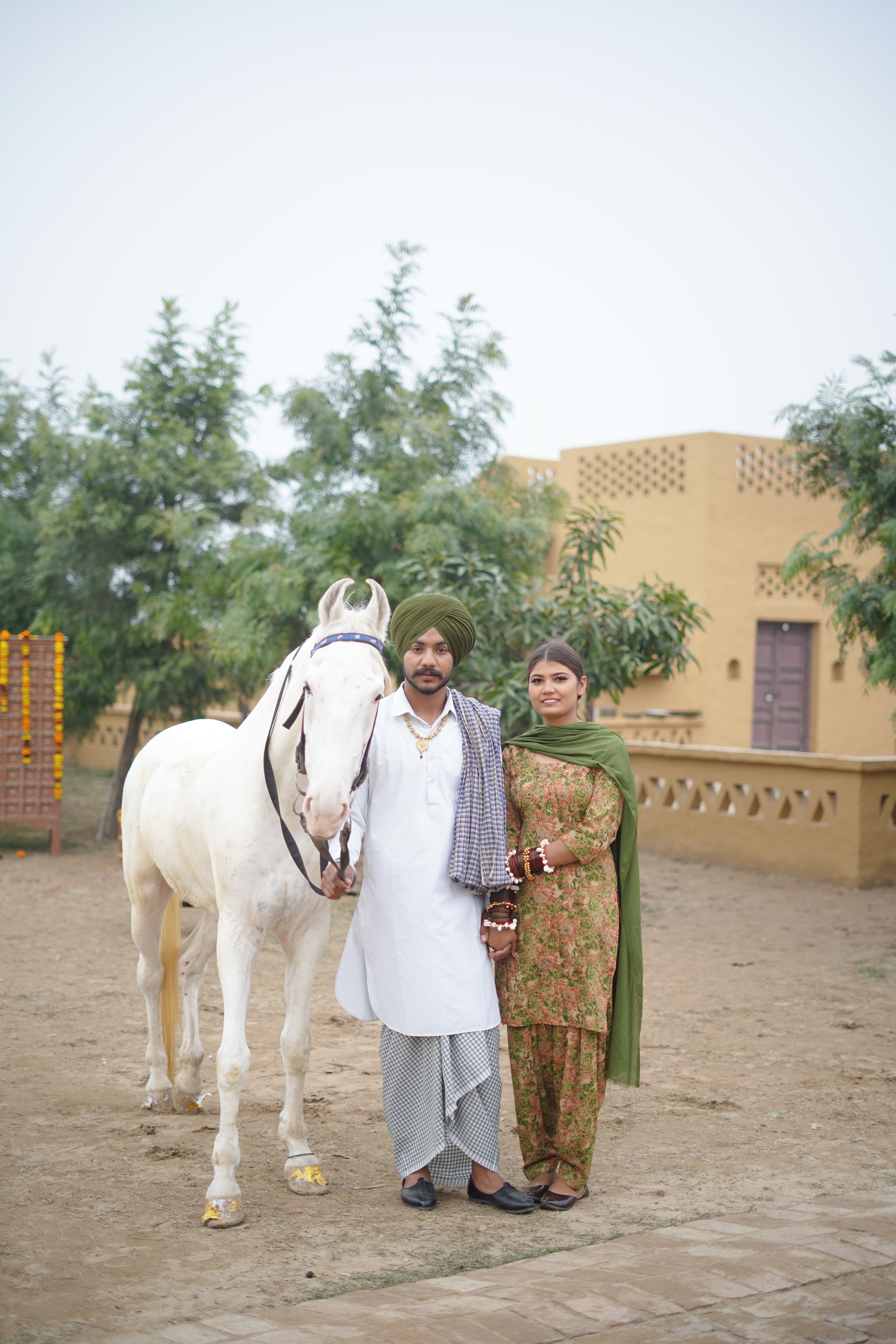 A Punjabi couple in traditional attire standing with a white horse outdoors, showcasing cultural heritage.