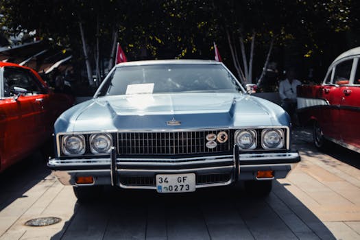 A classic vintage car displayed at an outdoor exhibition in Istanbul, Turkey.
