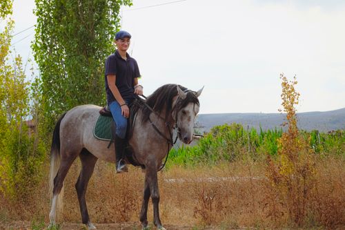 Free Person riding a horse in the scenic outdoors of Konya, Türkiye. Stock Photo