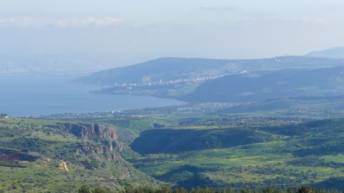 Free A breathtaking landscape of the lush green hills and Sea of Galilee in Israel. Stock Photo