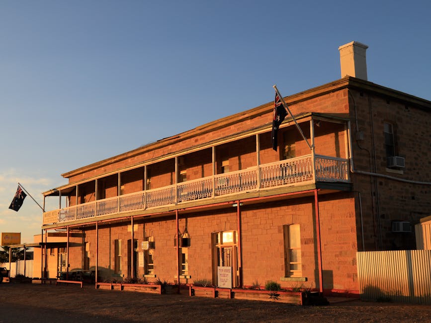 Charming historic hotel in South Australia's outback, bathed in golden sunset light.