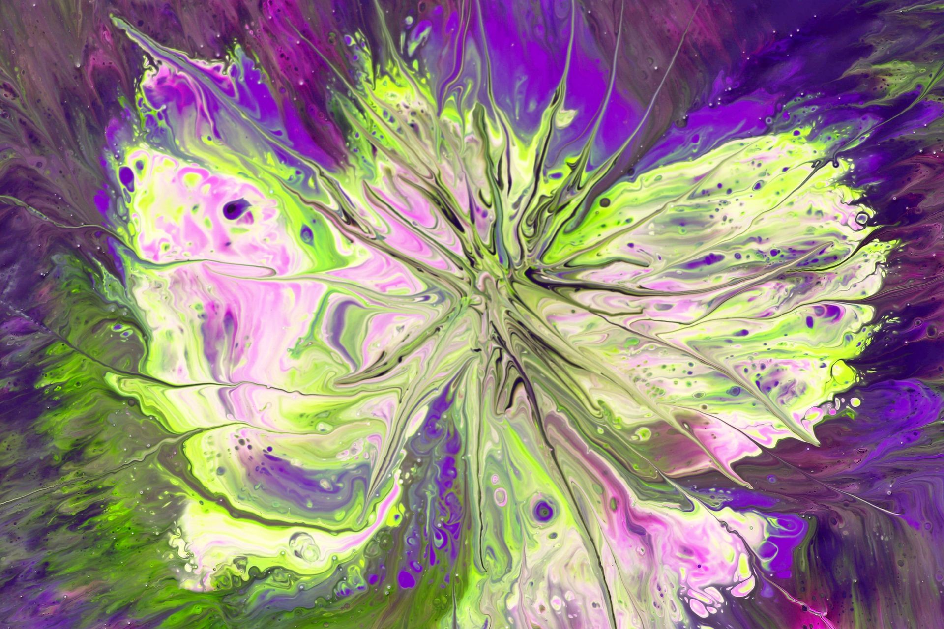 Colorful abstract painting with vibrant splashes of purple, green, and yellow hues.